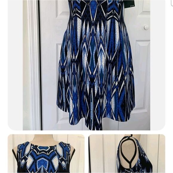 Gabby Skye Dress Blue White Fit & Flare Pockets Zipper Geometric Women’s Size 10 - Picture 3 of 11